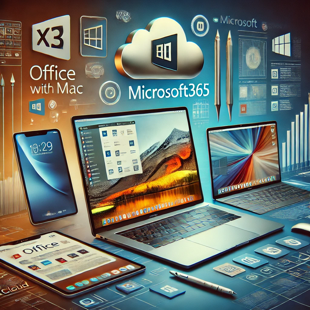 Office for Mac with Microsoft365 illustration featuring a MacBook, iPhone, and iPad displaying apps like Word, Excel, PowerPoint, and Outlook, emphasizing cross-device compatibility, cloud integration, and productivity.